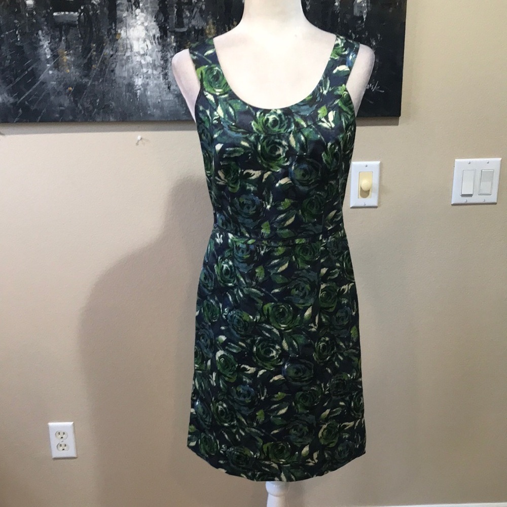 Ann Taylor Women's A Line Blue/Green Floral Cotton Blend Lined Midi Dress-Size 4